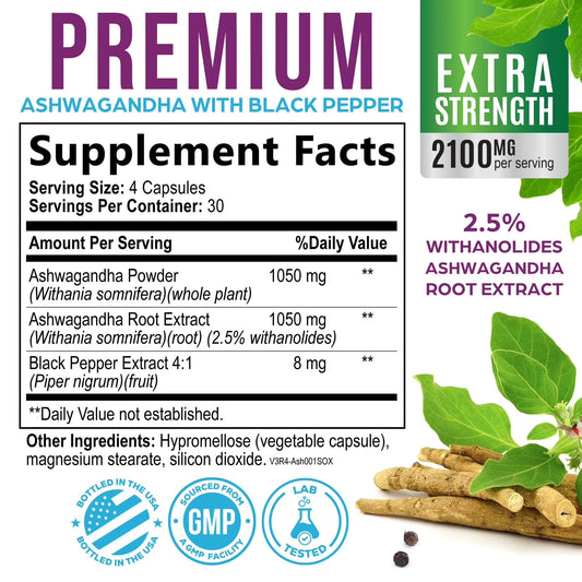Organic Ashwagandha Extra Strength 1950 Mg - Ashwagandha Supplements for Women & Men, Antioxidant Support, Nature'S Vegan Ashwagandha Powder Organic, Non-Gmo & Gluten Free - 120 Capsules